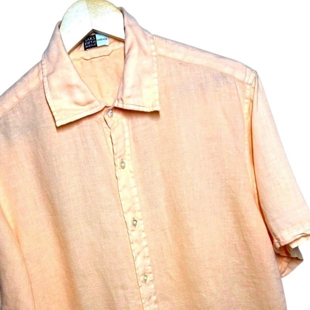 Saks Fifth Avenue‎ Mens Peach Linen Blend Short Sleeve Button Up Shirt Size M